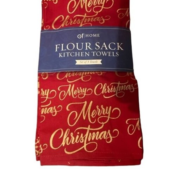 C&F Home Set Of 3 Flour Sack Kitchen Towels Merry Christmas Design Gold & Red - Picture 2 of 5